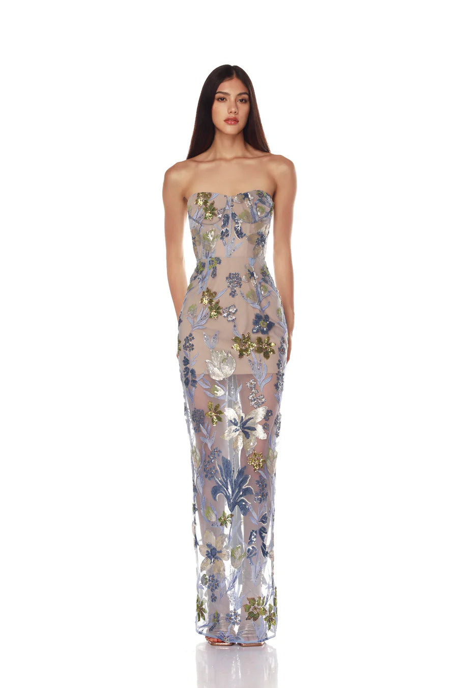 Strapless Floral Embroidered Sequin Evening Gown - View 14
