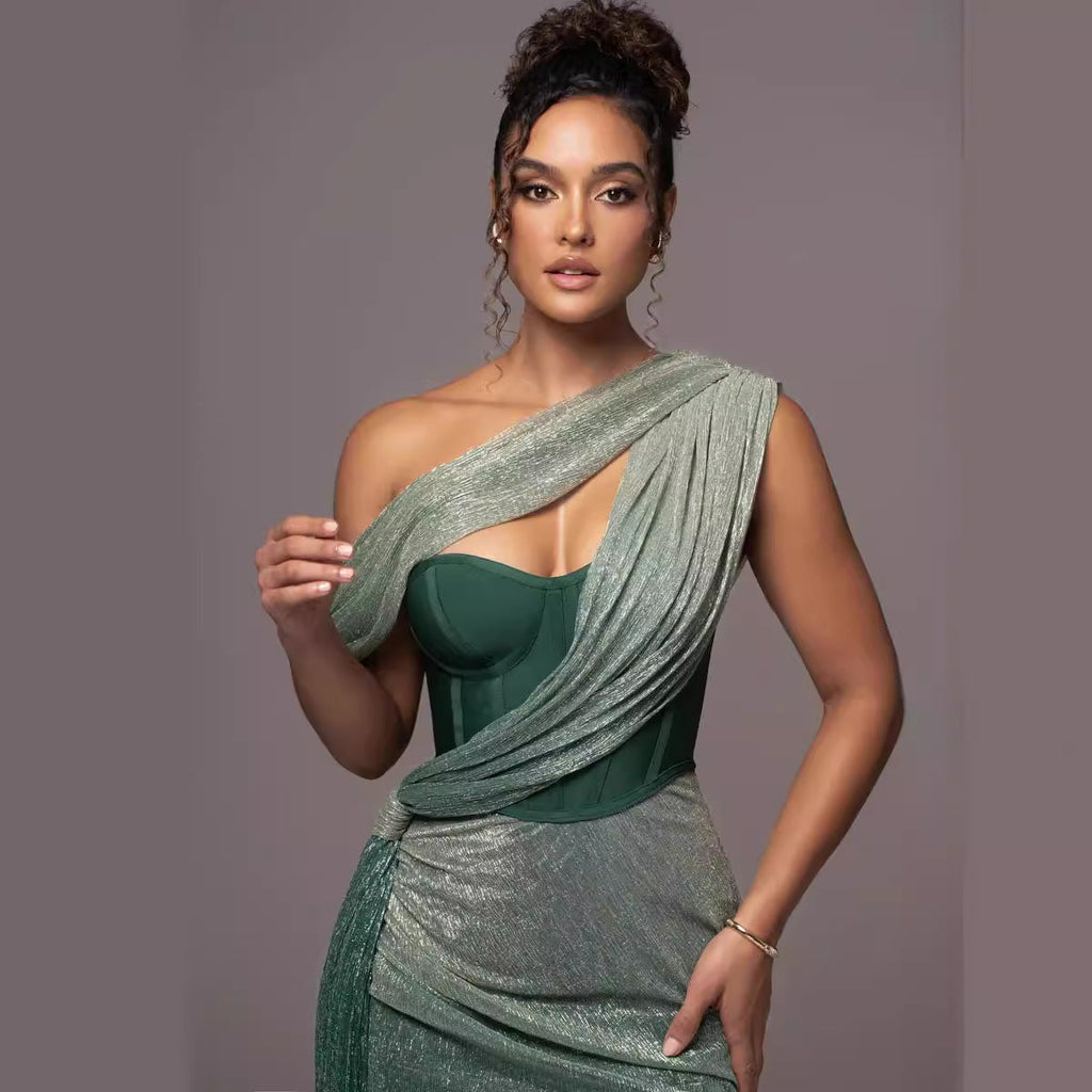 One-Shoulder Corset Bodycon Maxi Dress with Draped Shawl Detail - View 5