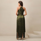Polished Midnight Fringe Evening Dress – Side View