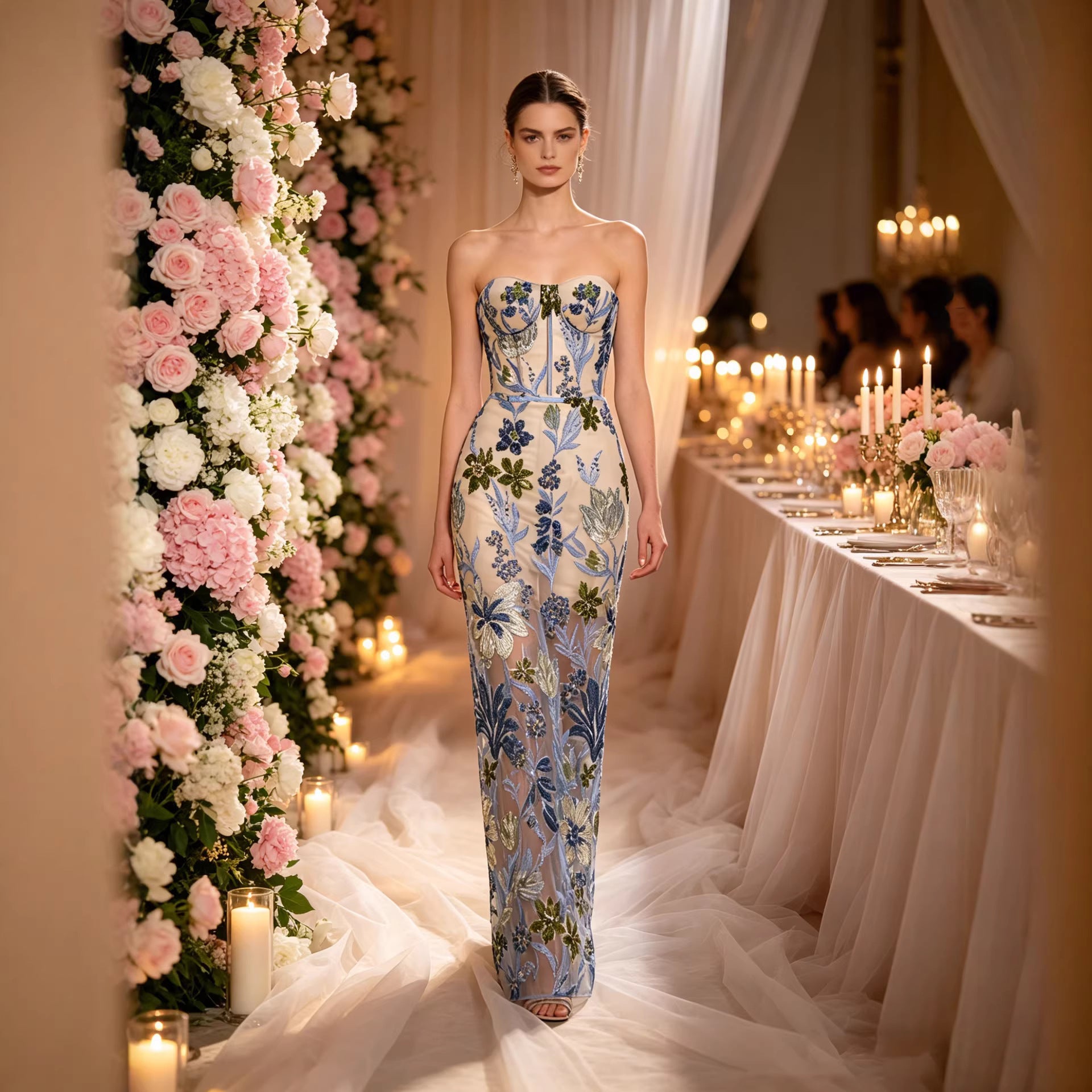 Strapless Floral Embroidered Sequin Evening Gown - View 3