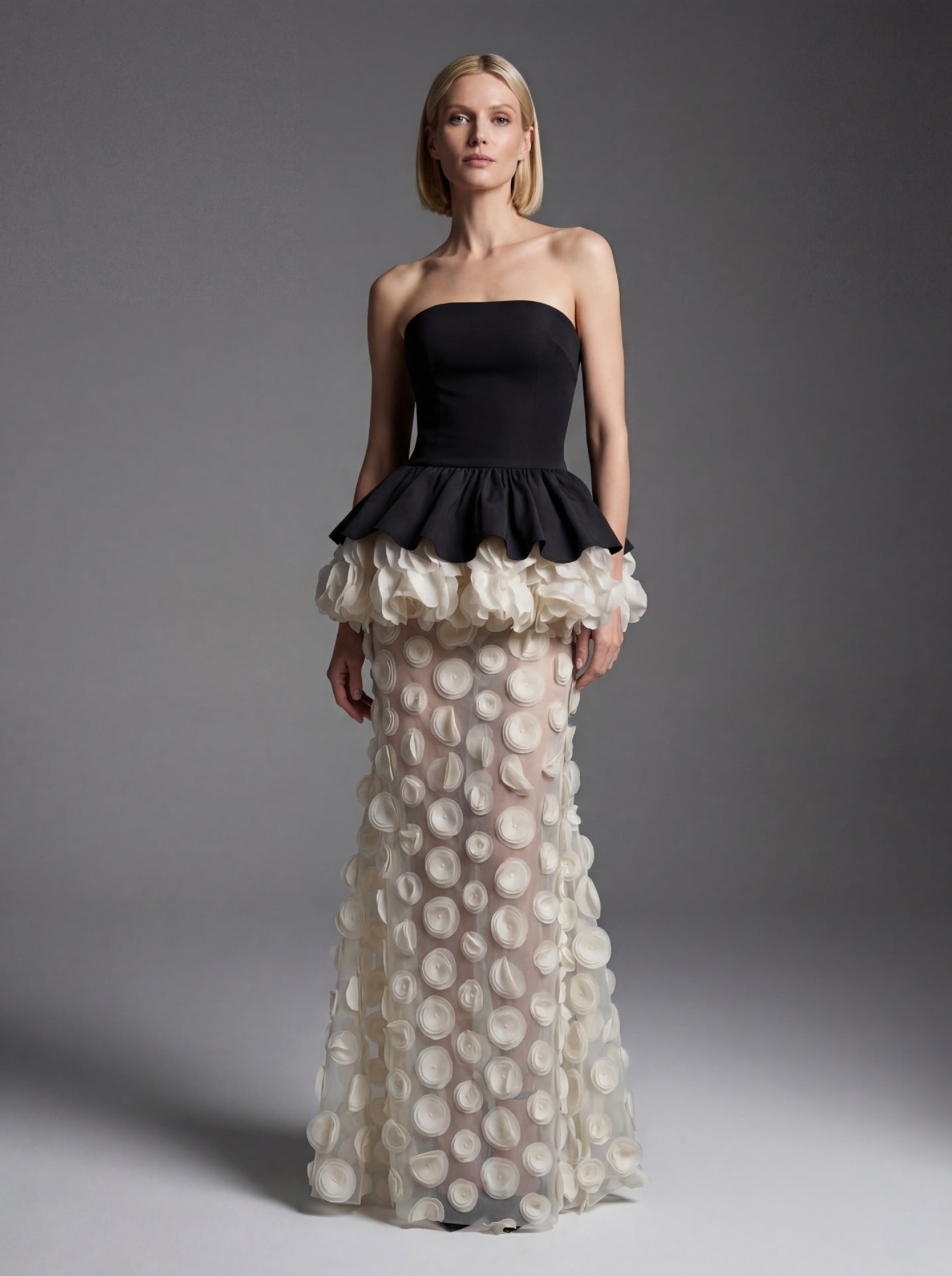 Strapless Peplum 3D Floral Maxi Dress - View 15