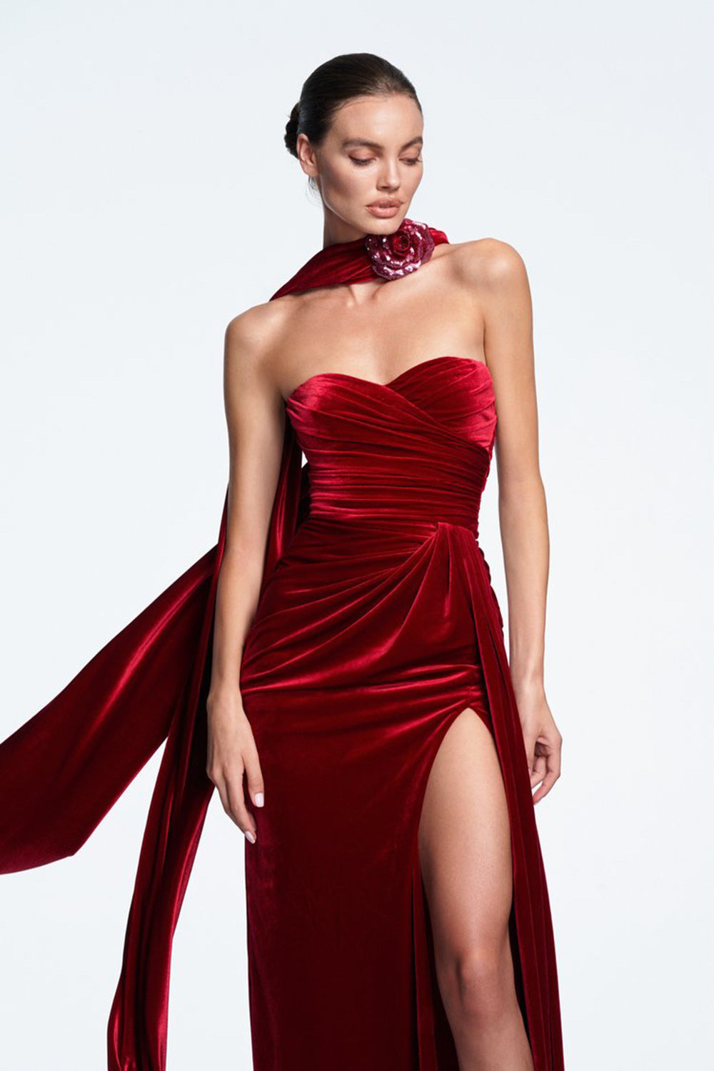 Sophisticated Velvet Whisper Evening Dress – Side View