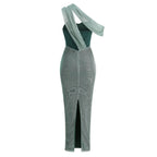 One-Shoulder Corset Bodycon Maxi Dress with Draped Shawl Detail - View 8