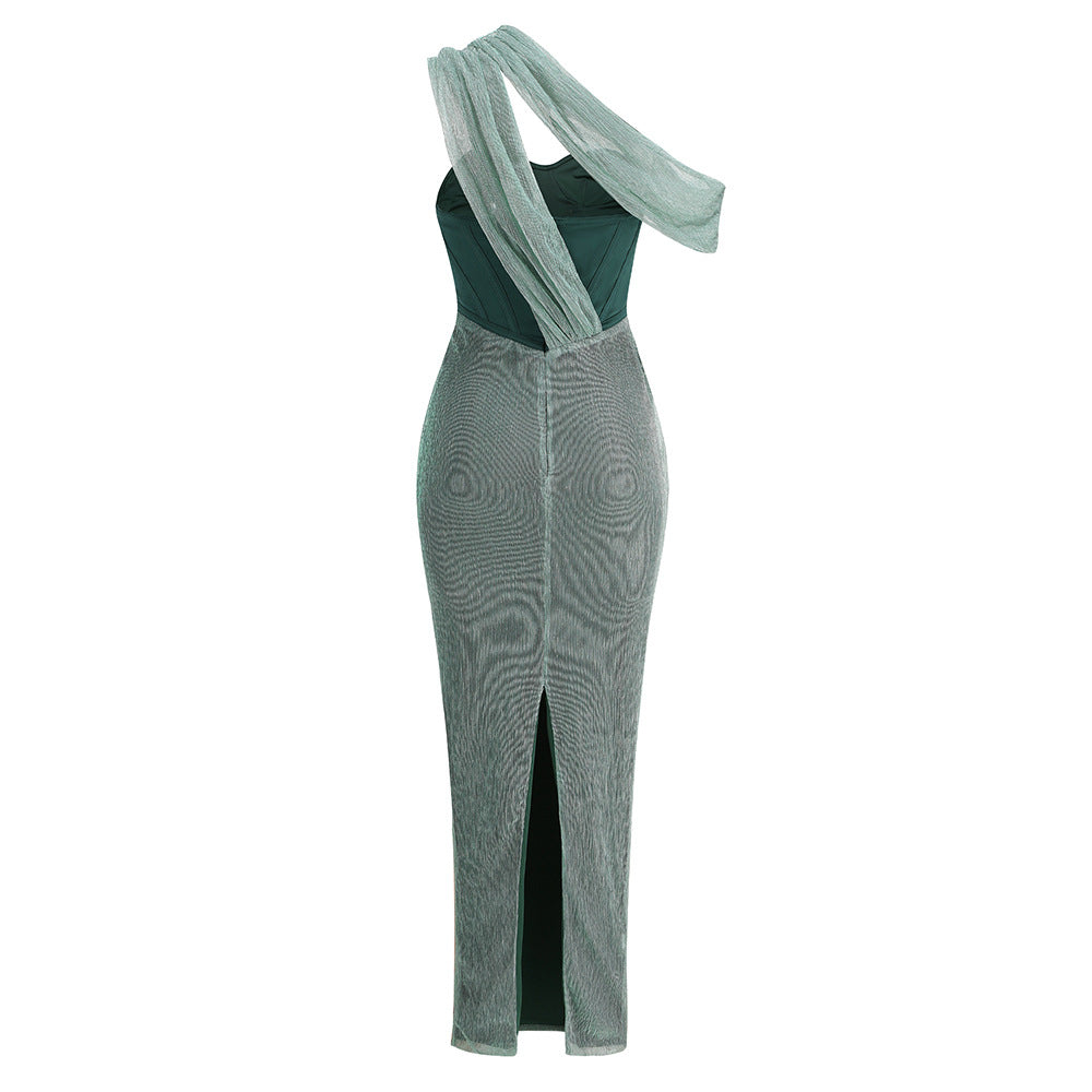 One-Shoulder Corset Bodycon Maxi Dress with Draped Shawl Detail - View 8