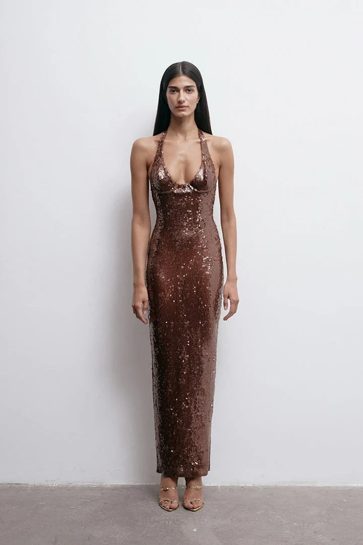 Captivating Cocoa Glow Evening Dress – Front View