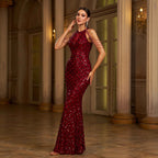 Chic Bordeaux Radiance Evening Dress – Front View