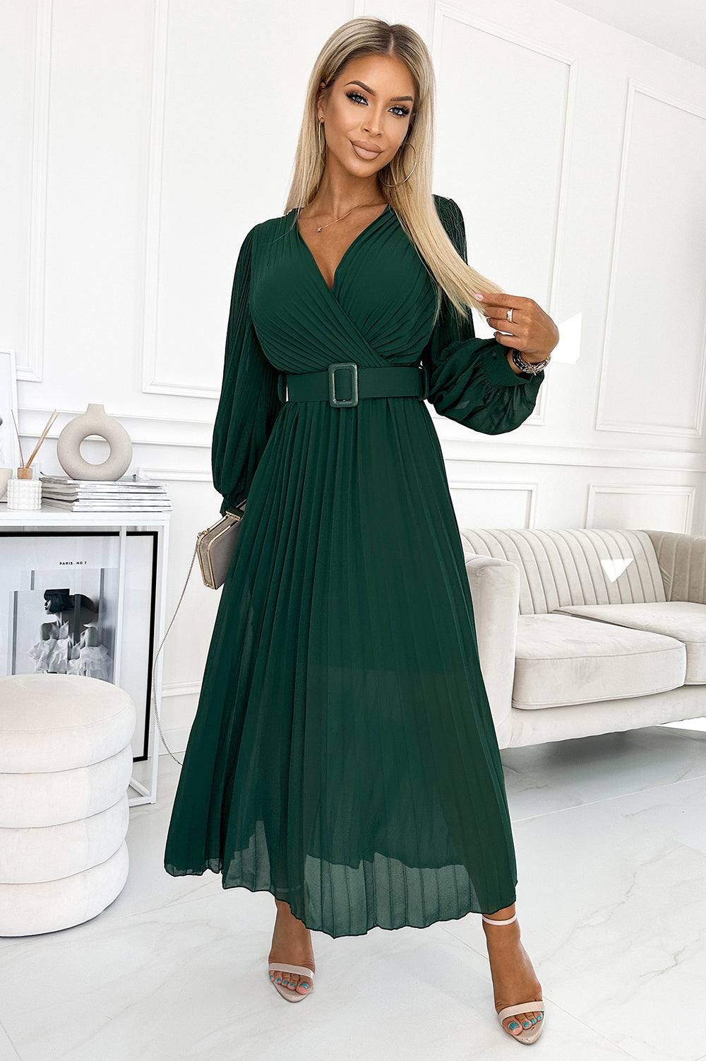 Refined KLARA Pleated Dress with a Belt - Dark Green Evening Dress – Front View