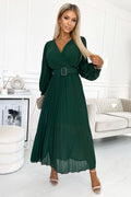 Refined KLARA Pleated Dress with a Belt - Dark Green Evening Dress – Front View