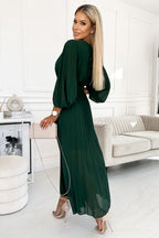 Refined KLARA Pleated Dress with a Belt - Dark Green Evening Dress – Side View