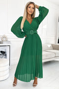 Refined KLARA Pleated Dress with a Belt - Green Evening Dress – Front View