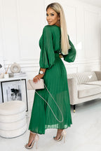 Refined KLARA Pleated Dress with a Belt - Green Evening Dress – Side View