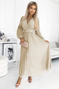 Refined KLARA Pleated Dress with a Belt - Beige Evening Dress – Front View