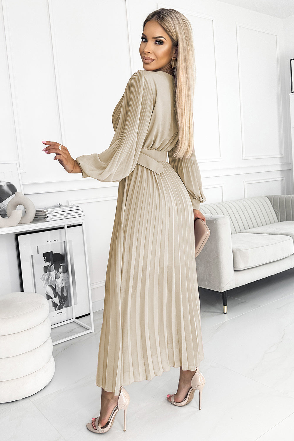 Refined KLARA Pleated Dress with a Belt - Beige Evening Dress – Detail View
