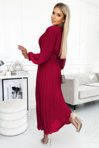 Timeless KLARA Pleated Dress with a Belt - Burgundy Evening Dress – Detail View