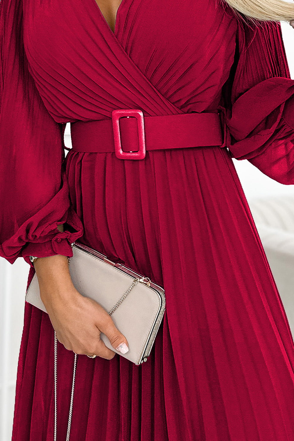 Timeless KLARA Pleated Dress with a Belt - Burgundy Evening Dress – Back View