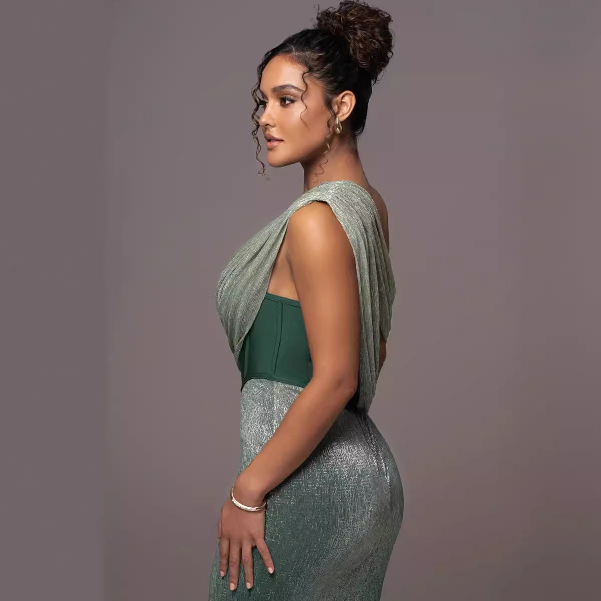 One-Shoulder Corset Bodycon Maxi Dress with Draped Shawl Detail - View 2
