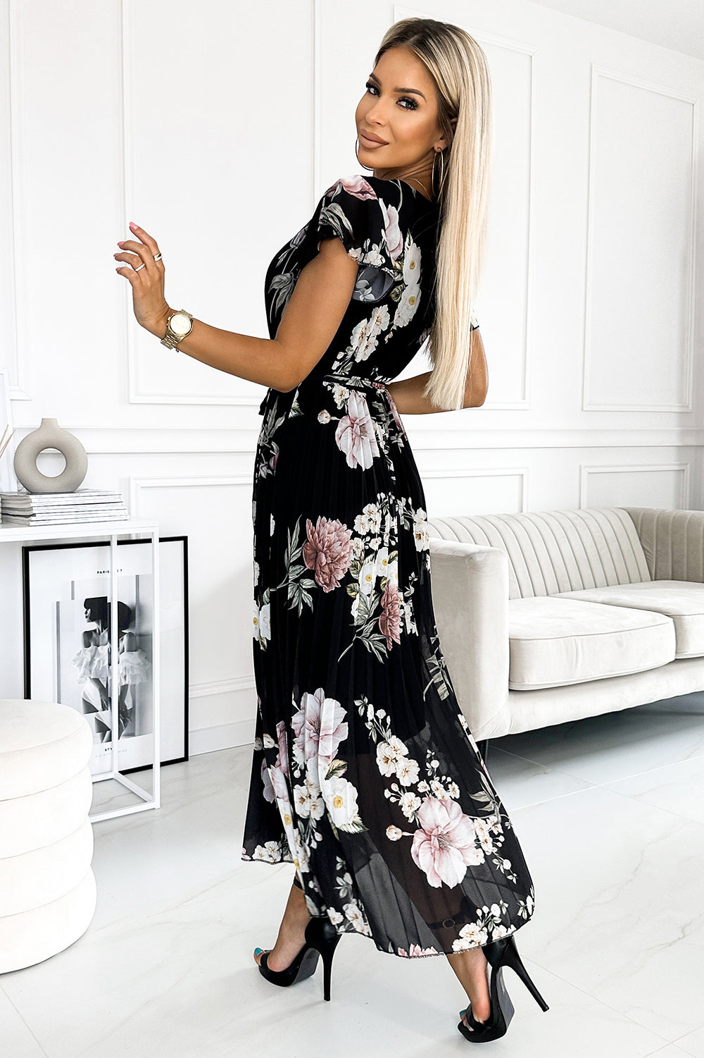 Alluring LISA Pleated Midi with a Neckline and Frills - Black Evening Dress – Detail View