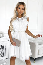 Sophisticated Greta Dress with Lace and Gold Belt Cocktail Dress – Flow Shot