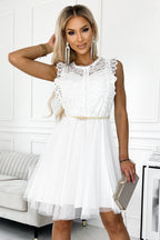 Sophisticated Greta Dress with Lace and Gold Belt Cocktail Dress – Silhouette