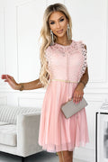 Sophisticated Greta Dress with Lace and Gold Belt Cocktail Dress – Front View