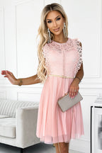 Sophisticated Greta Dress with Lace and Gold Belt Cocktail Dress – Front View
