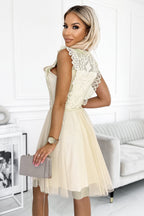 Sophisticated Greta Dress with Lace and Gold Belt Cocktail Dress – Studio View