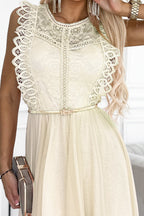 Sophisticated Greta Dress with Lace and Gold Belt Cocktail Dress – Movement Shot