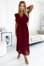 Stunning Pleated Dress with Frills, Neckline and Belt Evening Dress – Side View