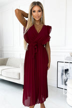 Stunning Pleated Dress with Frills, Neckline and Belt Evening Dress – Full Length