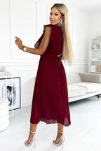 Stunning Pleated Dress with Frills, Neckline and Belt Evening Dress – Detail View