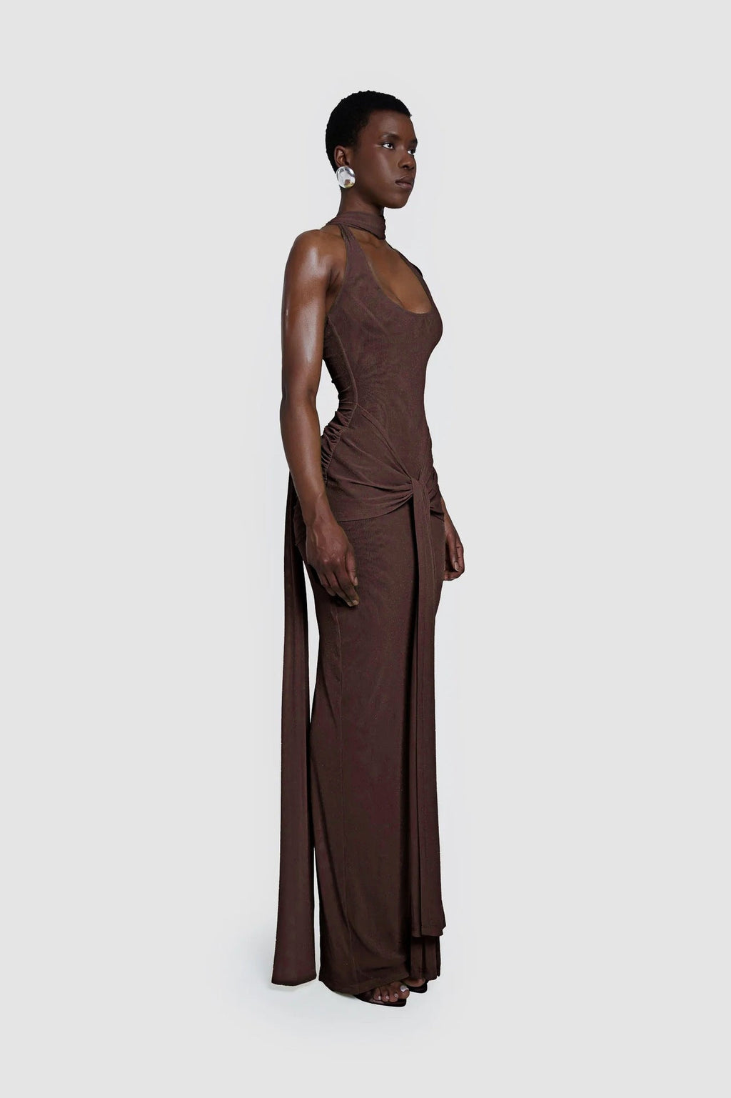 Timeless Umber Veil Evening Dress – Full Length