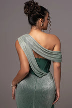 One-Shoulder Corset Bodycon Maxi Dress with Draped Shawl Detail - View 6