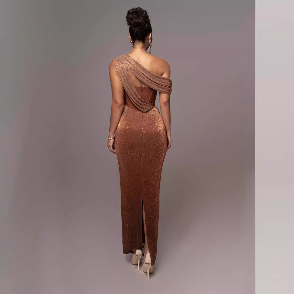 One-Shoulder Corset Bodycon Maxi Dress with Draped Shawl Detail - View 3