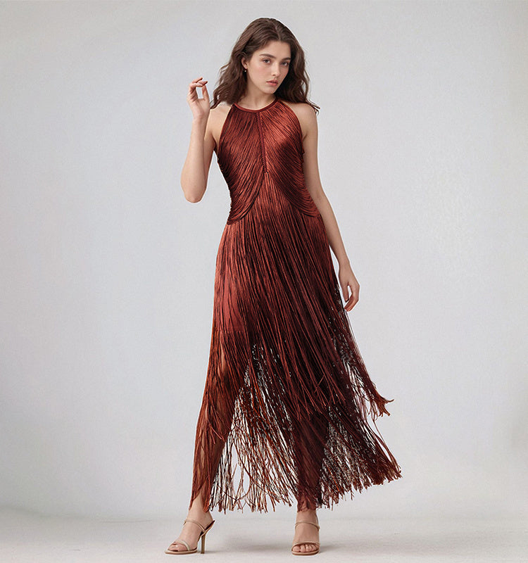 Polished Midnight Fringe Evening Dress – Model View