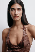 Captivating Cocoa Glow Evening Dress – Detail View