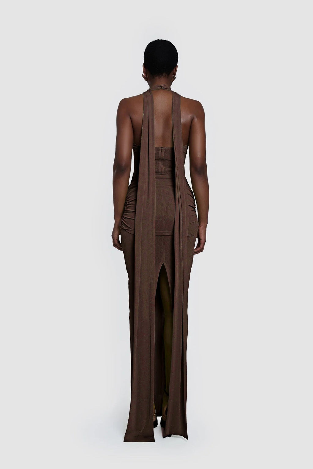 Timeless Umber Veil Evening Dress – Close Up