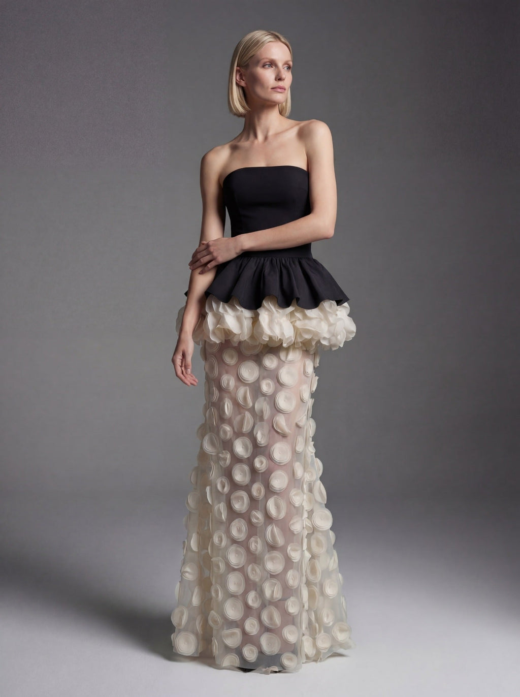 Strapless Peplum 3D Floral Maxi Dress - View 12