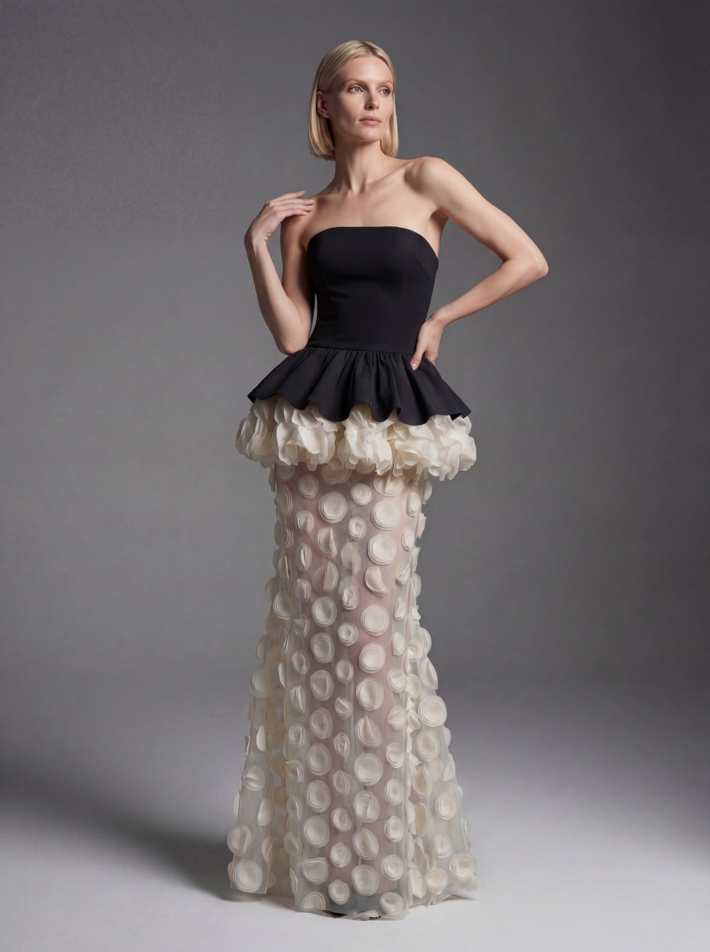 Strapless Peplum 3D Floral Maxi Dress - View 13
