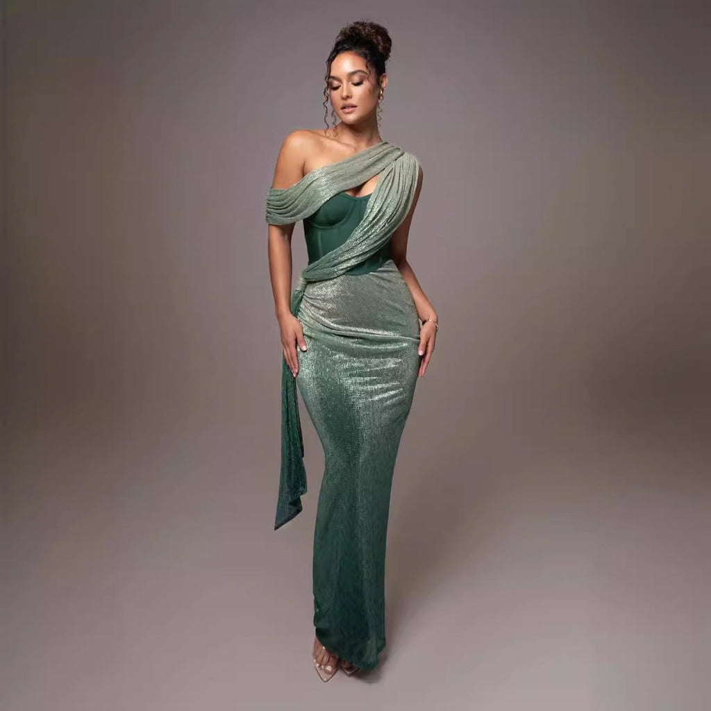 One-Shoulder Corset Bodycon Maxi Dress with Draped Shawl Detail - View 3