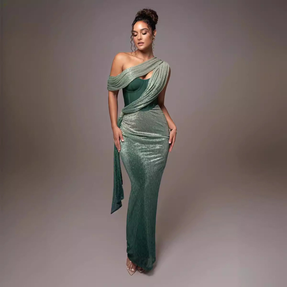 One-Shoulder Corset Bodycon Maxi Dress with Draped Shawl Detail - View 3