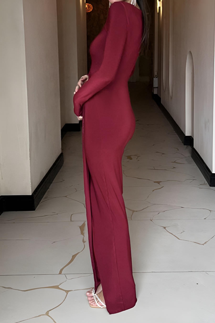 Captivating Crimson Whisper Maxi Evening Dress – Side View
