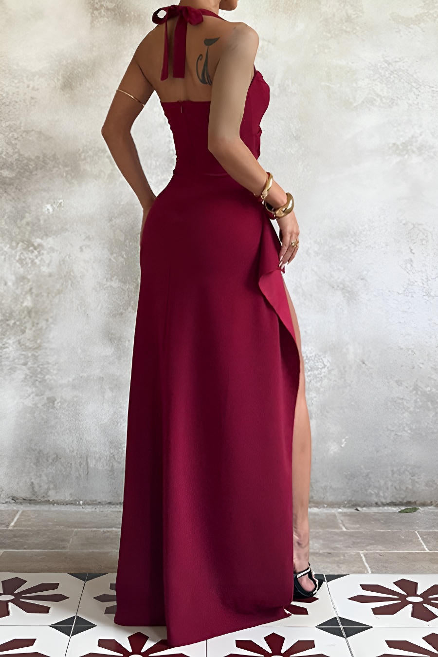 Graceful Garnet Siren Evening Dress – Detail View