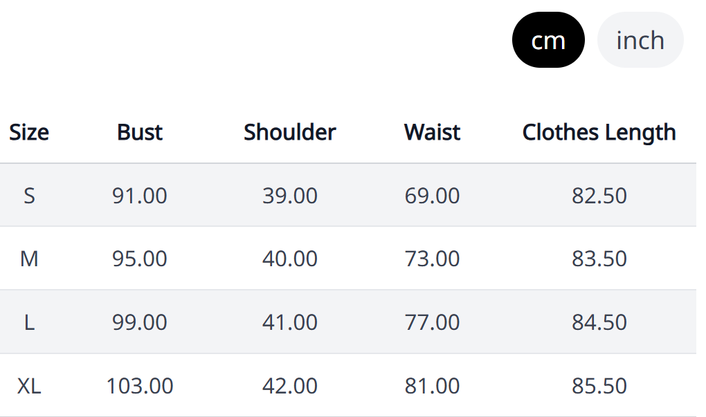 Monochrome Grid Maxi – Size Chart