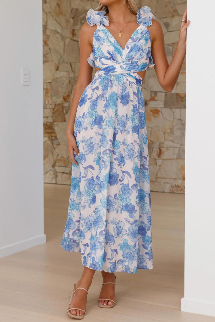 Blue Bloom Dress – Side View | Women's Maxi Dress
