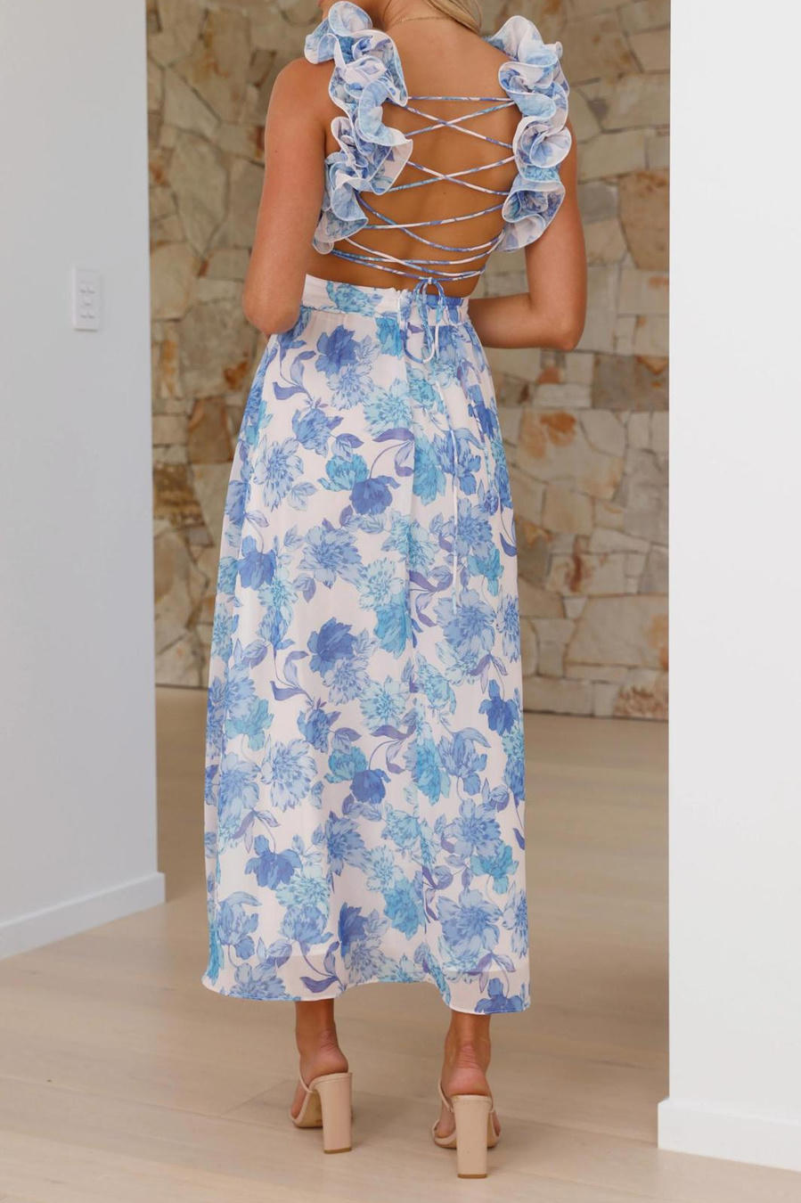 Blue Bloom Dress – Detail View | Women's Maxi Dress