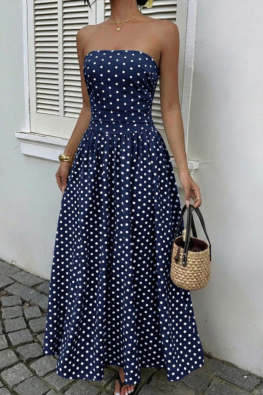 Midnight Polka Dress – Back View | Women's Maxi Dress