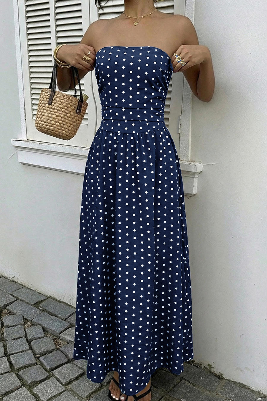 Midnight Polka Dress – Detail View | Women's Maxi Dress