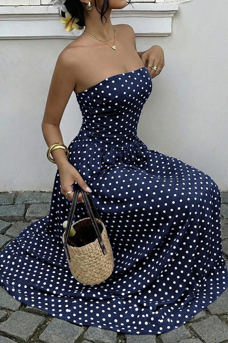 Midnight Polka Dress – Detail View | Women's Maxi Dress