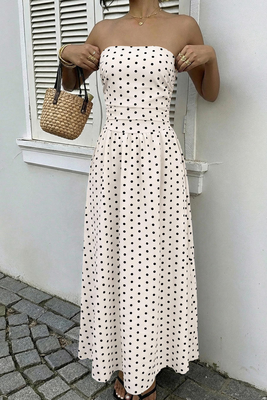 Midnight Polka Dress – Detail View | Women's Maxi Dress