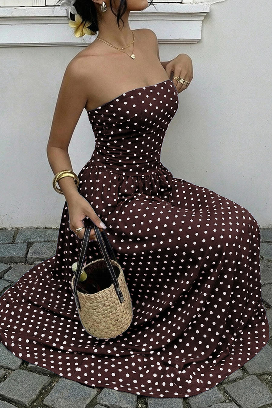 Midnight Polka Dress – Detail View | Women's Maxi Dress